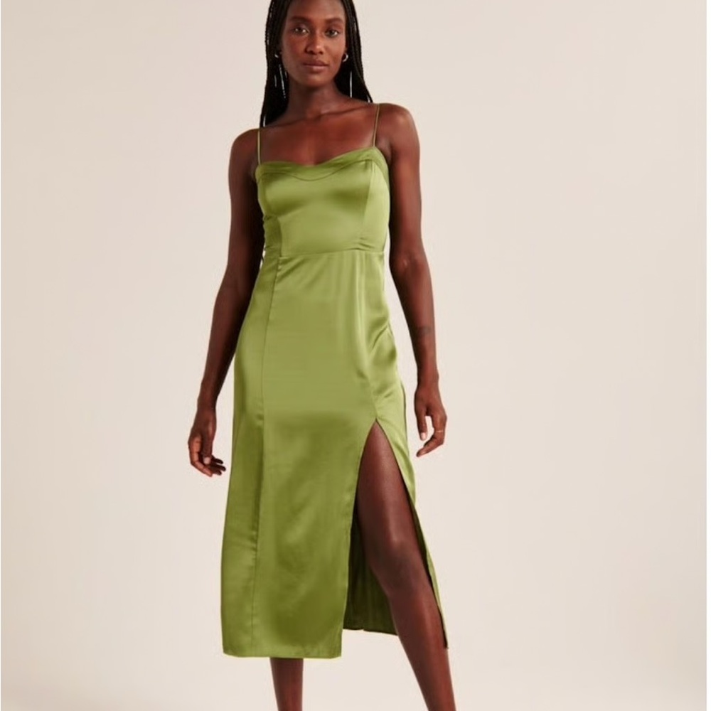 Abercrombie Jade Green satin midi dress with slit